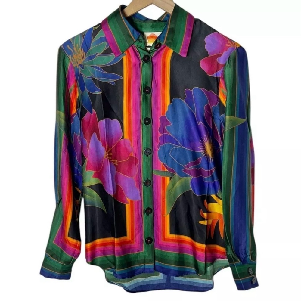 Farm Rio NWT Size Various Pretty Flower Season Colorful Long Sleeve Scarf Shirt - Picture 7 of 12